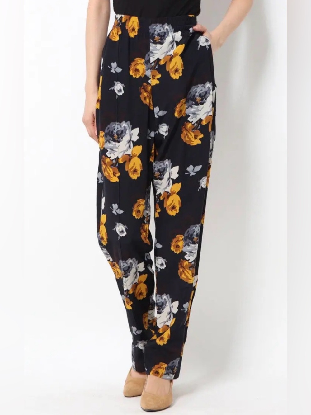 Theory Black Floral Pants with Mustard & Gray Blooms
